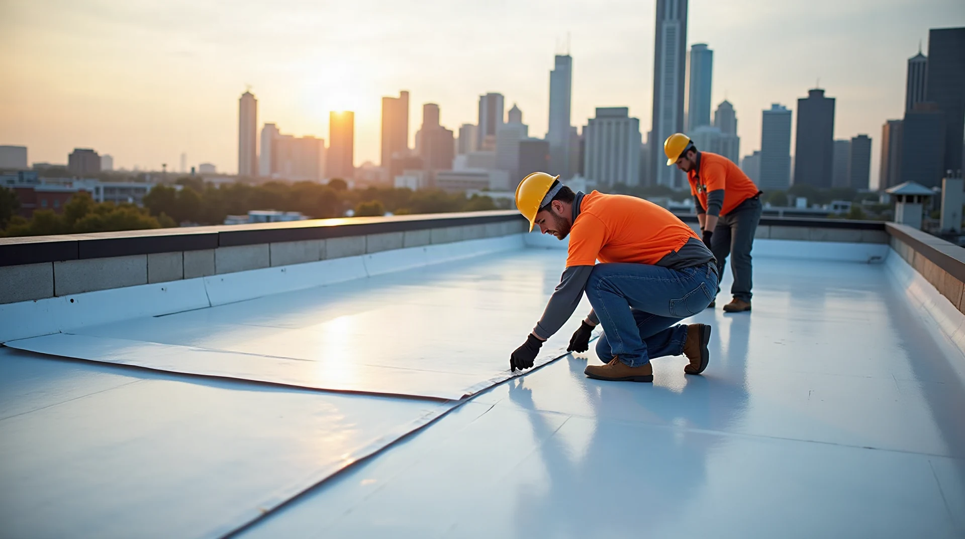 Roofing crew installing a white single-ply membrane on a large flat commercial rooftop, city skyline in the background, late afternoon light, wide documentary p